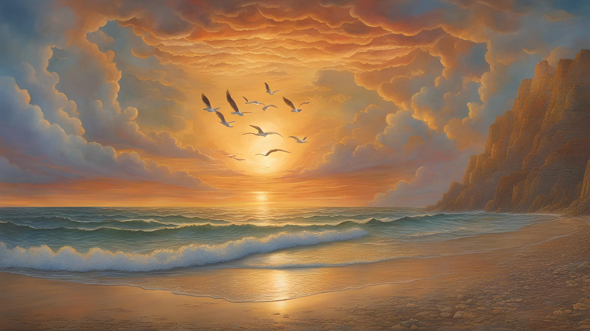 Cloudy sky and the rays of a giant sun crossing them at sunset, on a beach, frontal view of the sun, many seagulls flying, in the style of josephine wall