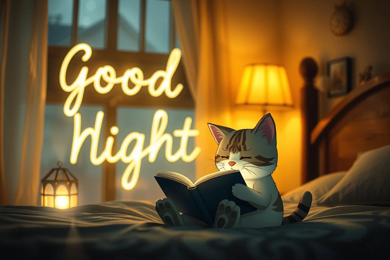 sign "Good Night" double exposure, merged layers, cute chibi cat reading in the bedroom in tiffany lamplight