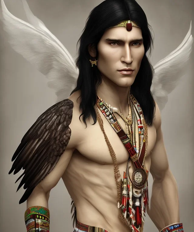 shaman, male native american, long black hair, black coat like wings