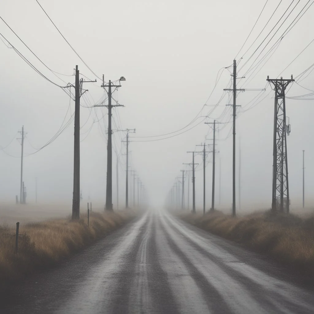 An empty road on a misty day. Telegraph poles and wires. Muted tones. Tilted horizon. With blotches, blurry areas and lens noise and grain. Hyper realistic Photo 4k