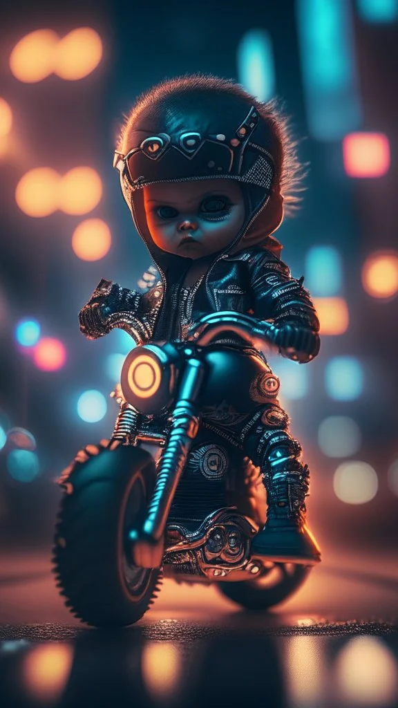 A Sharp Kawaii tiny hyper realistic baby terminator riding mini harley davidson, wearing bikers clothes with freestyle action, night of cyberpunk city background. wide angle full body, 8k, Cinematography, photorealistic,epic composition Unreal Engine,Cinematic, Color Grading, Portrait Photography,Ultra-Wide Angle, Depth of Field, hyper detailed