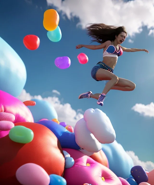 Ultra realistic speed clouds sky scene, wide angle view, sweet women falling down, inflatable color clothing, free jumping flying, many trinkets, hair monster. Clouds sea, many jelly beans, balls, color smoke, smile, happy, circus style, extreme, wind, 20,000 feet altitude, stratosphere, soft color, highly detailed, unreal engine 5, ray tracing, RTX, lumen lighting, ultra detail, volumetric lighting, 3d, finely drawn, high definition, high resolution.