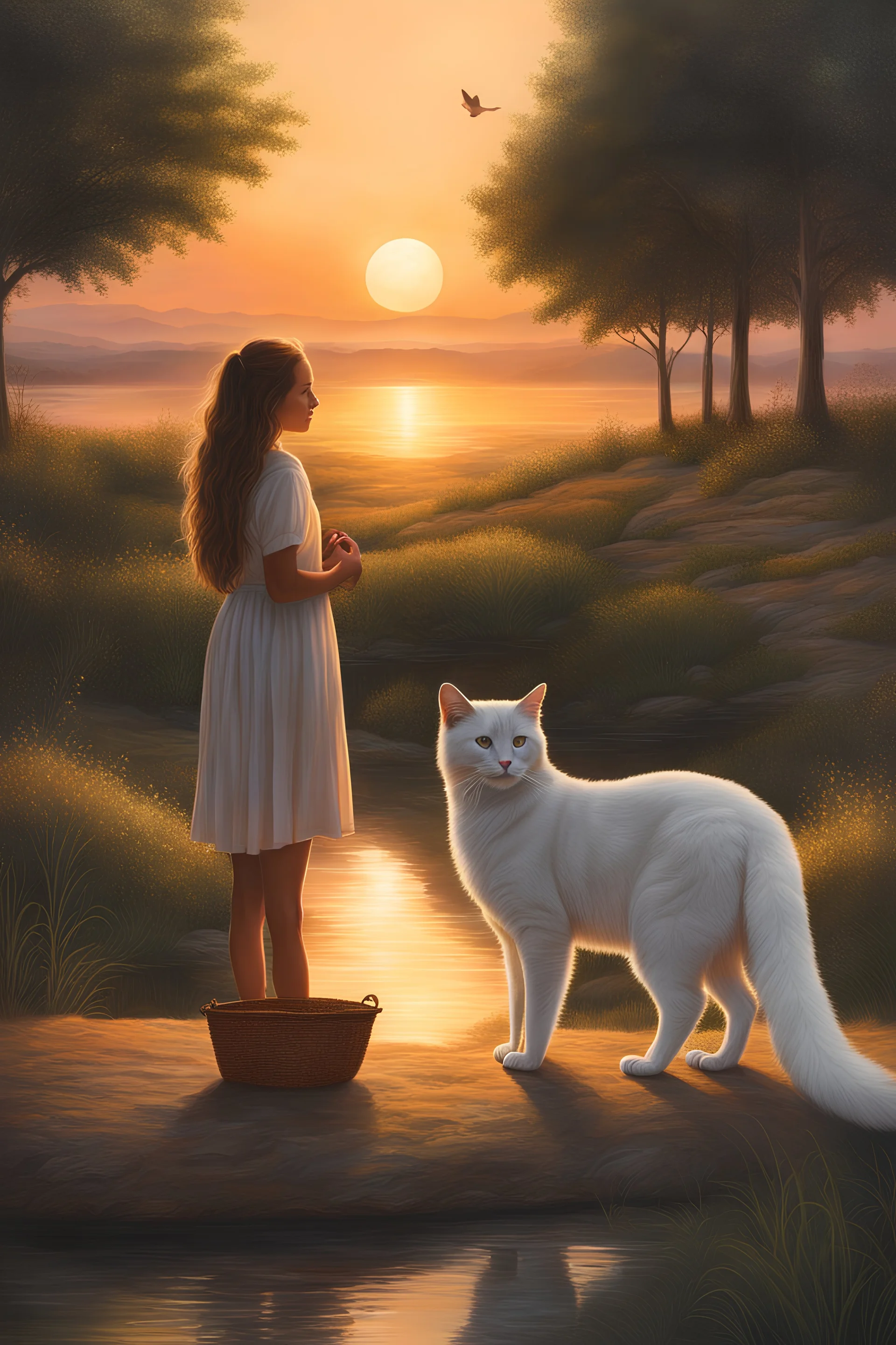a great landscape in nature at sunset majestic cat and girl | spiritual | detailed | fine art | highly detailed | smooth | sharp focus | illustration | bathing in light | ultra realistic illustration