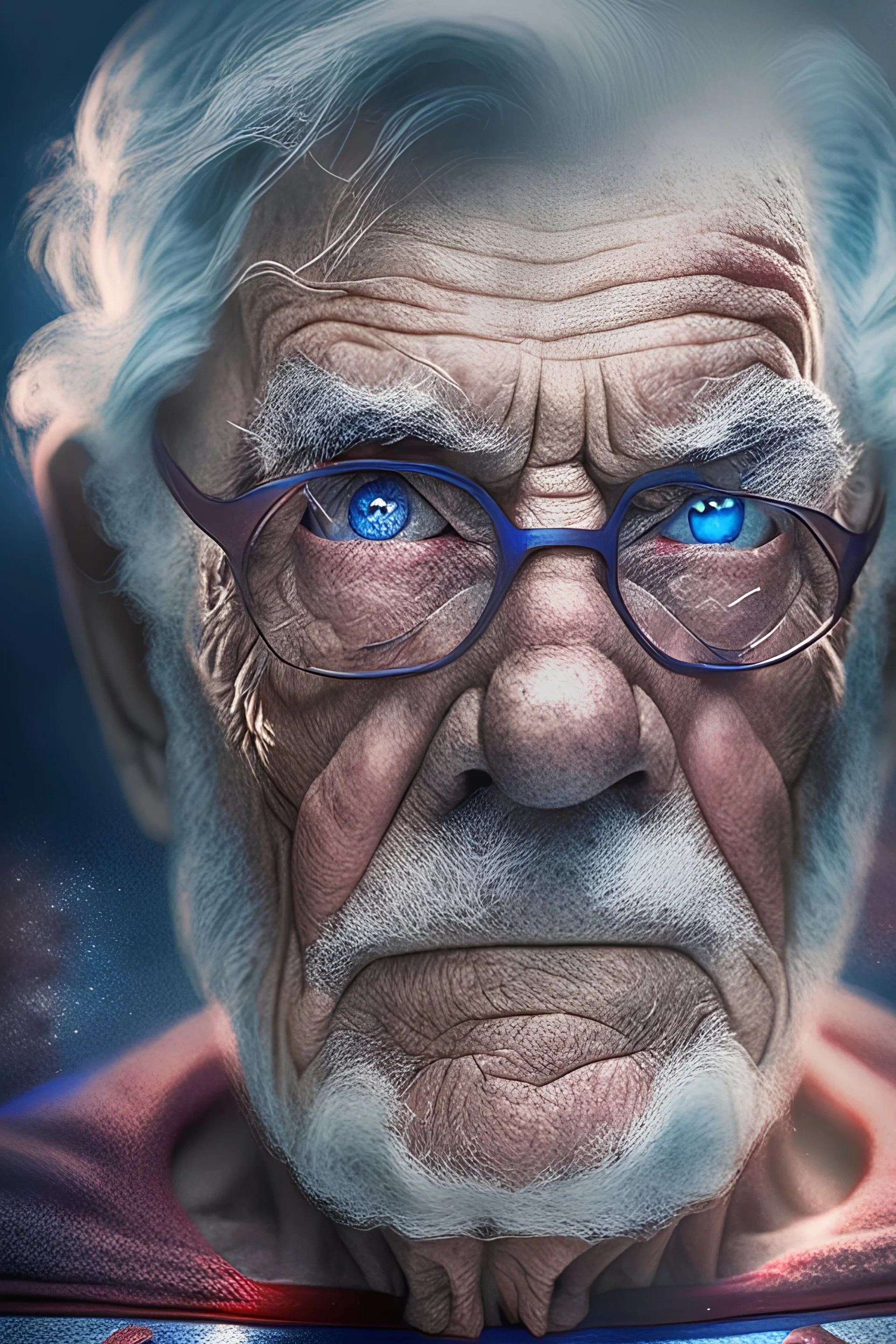 old man with big gray eyes waring superman custom with galaxy background