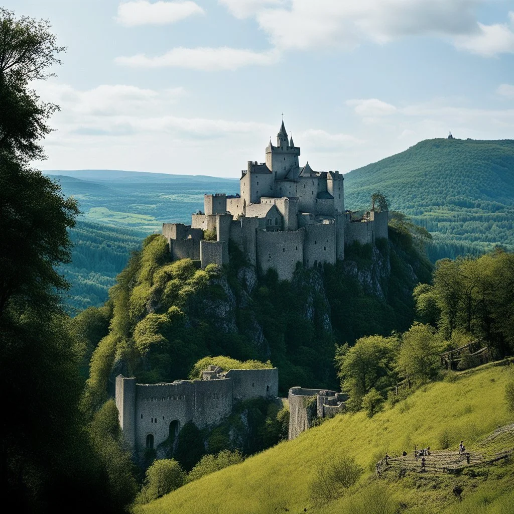 [art from Pan's Labyrinth (2006)] Sévérac-le-Château, Medieval stone castle perched on the summit of a puy, an ancient volcanic hill, overlooking the surrounding landscape. The fortress crowns a steep rocky promontory, with thick defensive walls, crenellated ramparts, round watchtowers, and a central donjon. The architecture follows the natural contours of the volcanic rock, emphasizing height, strength, and strategic control. The setting evokes early medieval France, with a fortified settlement