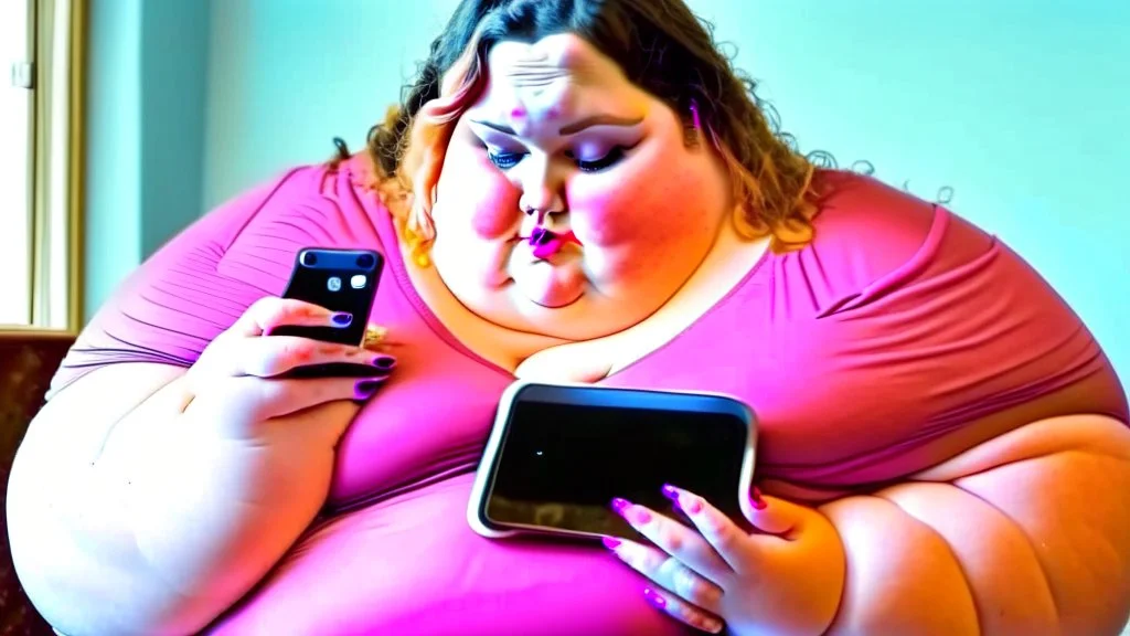 lady with really fat hands holding greasy phone