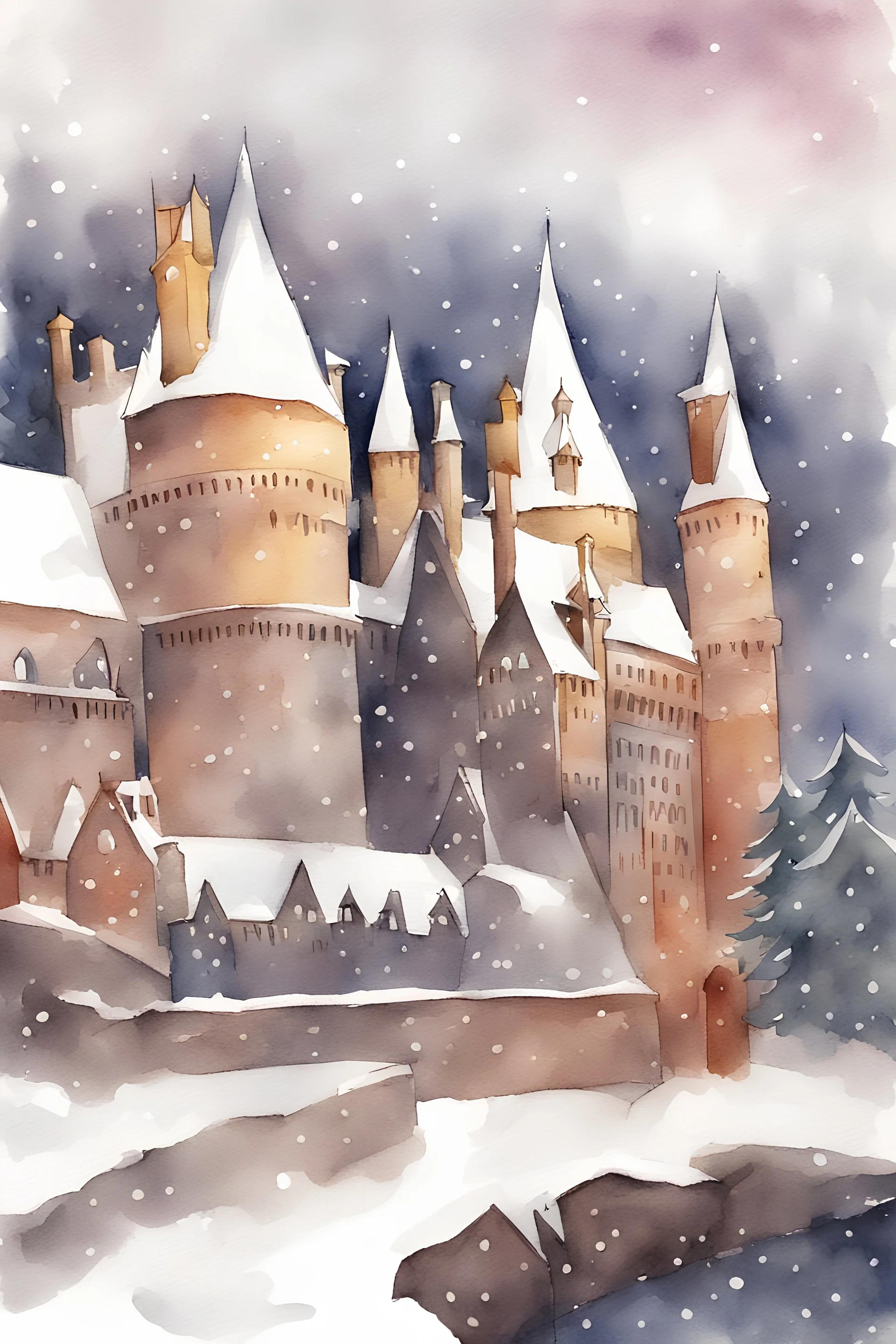 watercolor new year at Gryffindor at Hogwarts. Lots of snow.