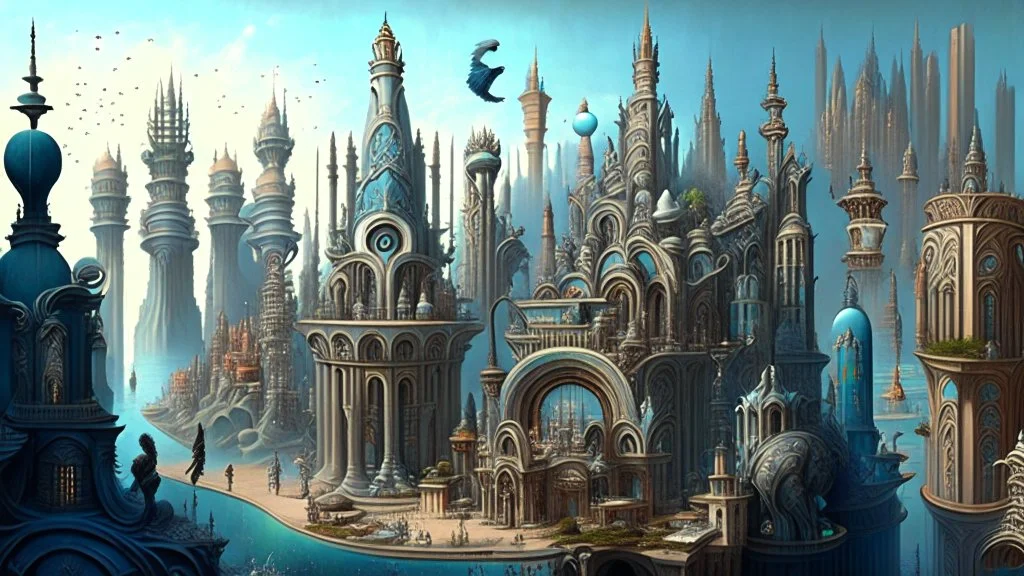 Depiction of an elaborate fantasy cityscape with various architectural styles, including classical and gothic elements, with statues of humans, animals, birds, and mythical figures with multiple levels of buildings.