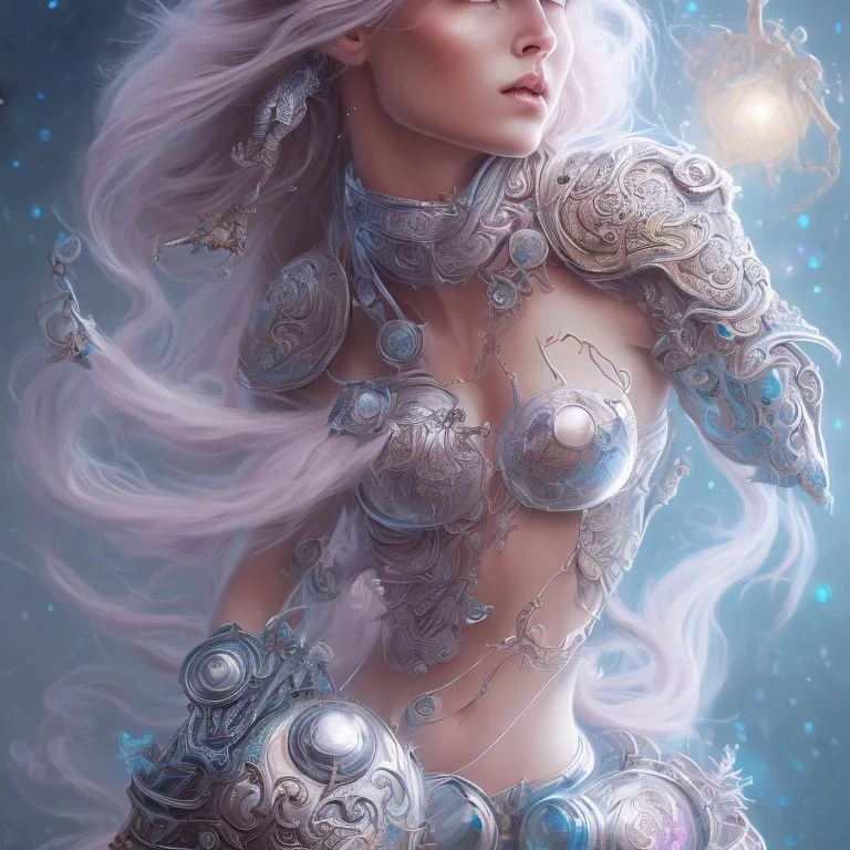 fantasy magic, intricate, sharp focus, illustration, highly detailed, digital painting, concept art, artgerm and paul lewin and kehinde wiley, masterpiece sexy lips with smile Celtic lady body flowers head silver bright rain lady outer space pretty, pink blue