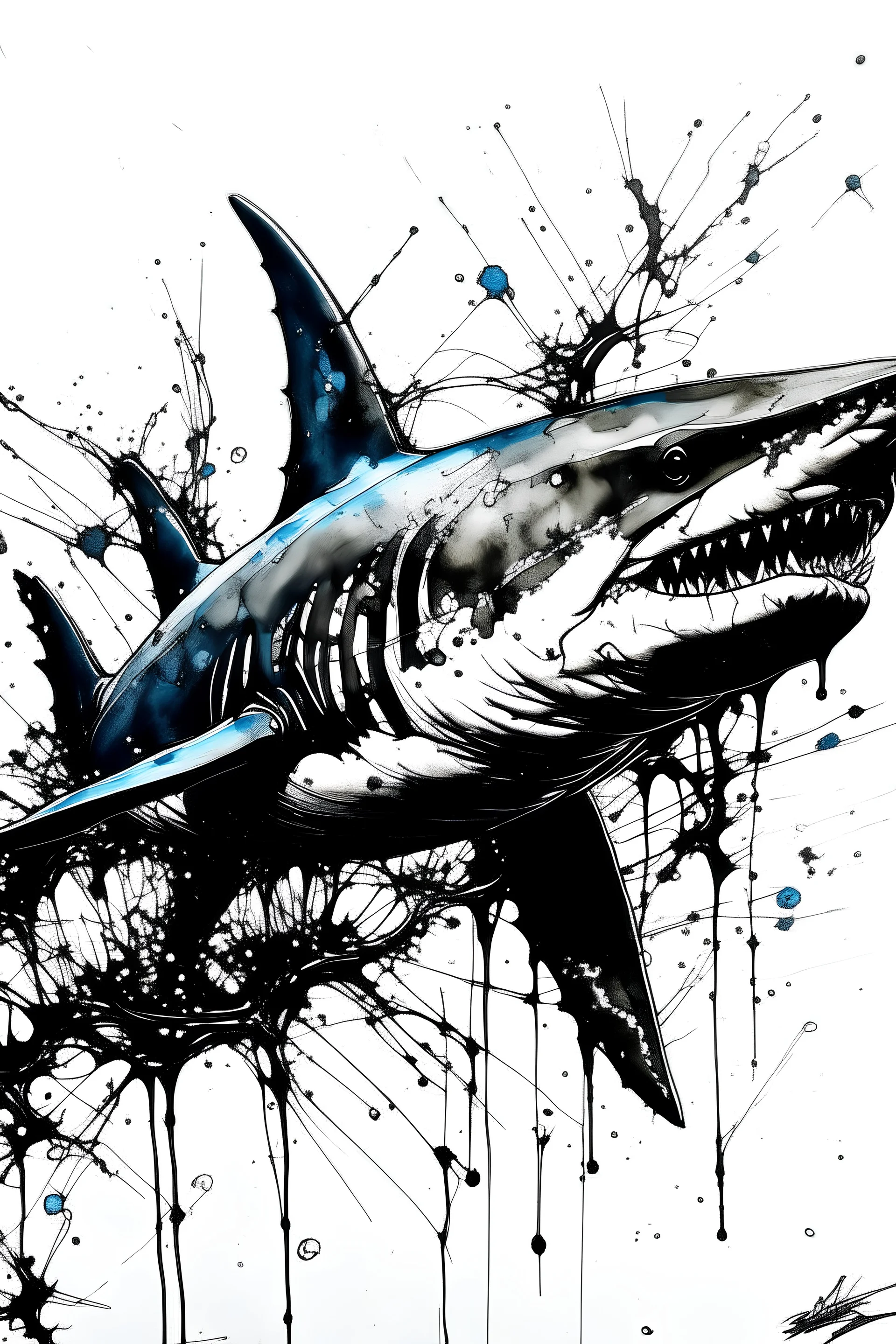 A drawing of a shark colored in free flowing liquid black inks