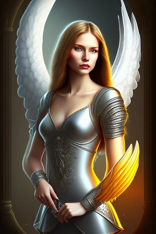 portrait lady angel with super bobs no top long black hairs shield in castle