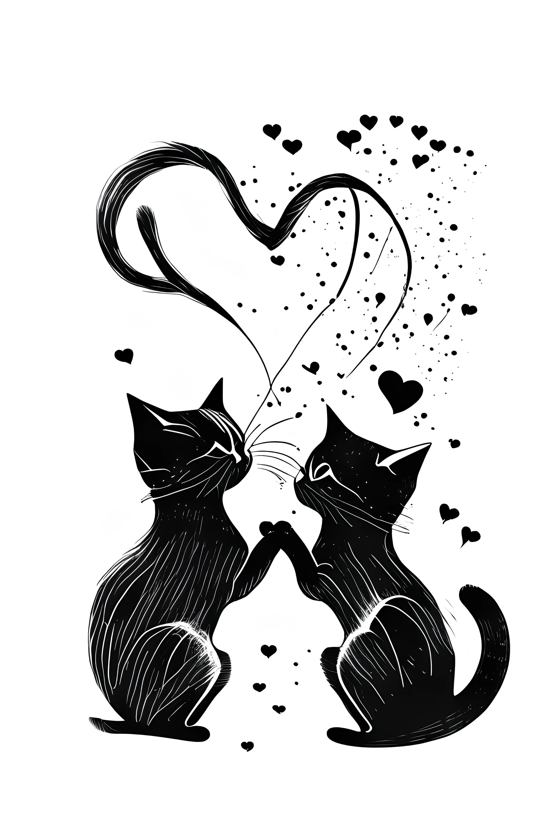 Two cute outline of cats playing with hearts together black ink on white background