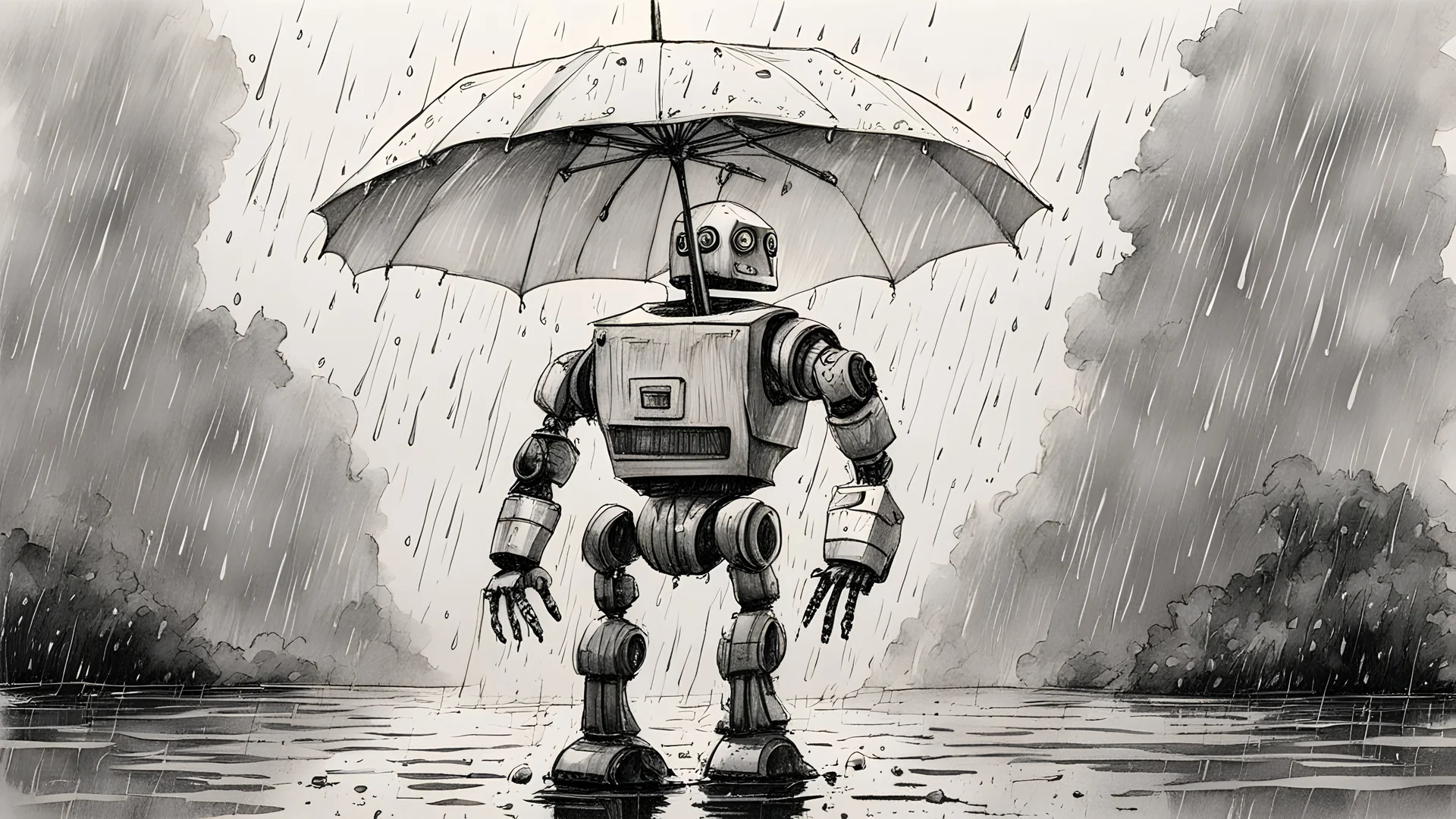 robot holding an umbrella in the rain, ink drawing
