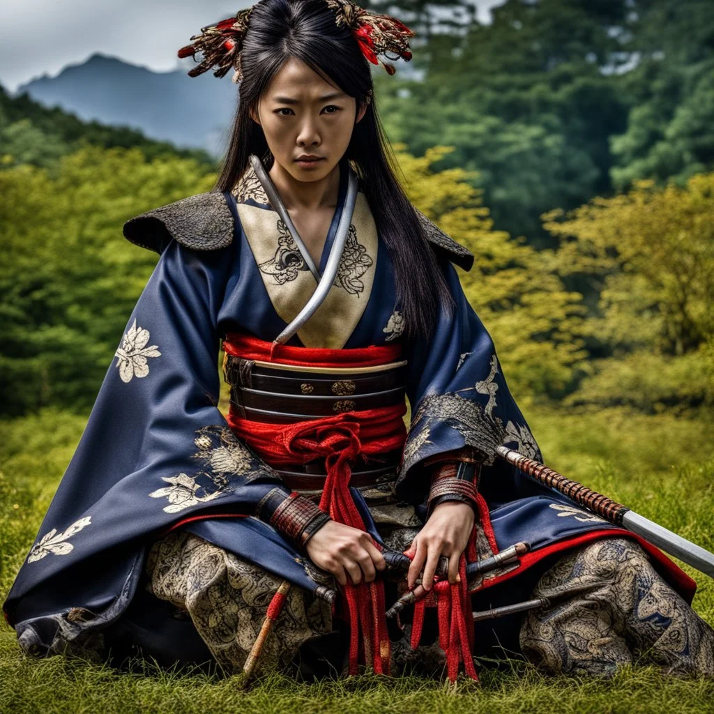 Behold the powerful alluring and pretty Japanese samurai woman, her body adorned with the traditional samurai costume, HDR, beautifully shot, hyperrealistic, sharp focus, 64 megapixels, perfect composition, high contrast, cinematic, atmospheric, moody