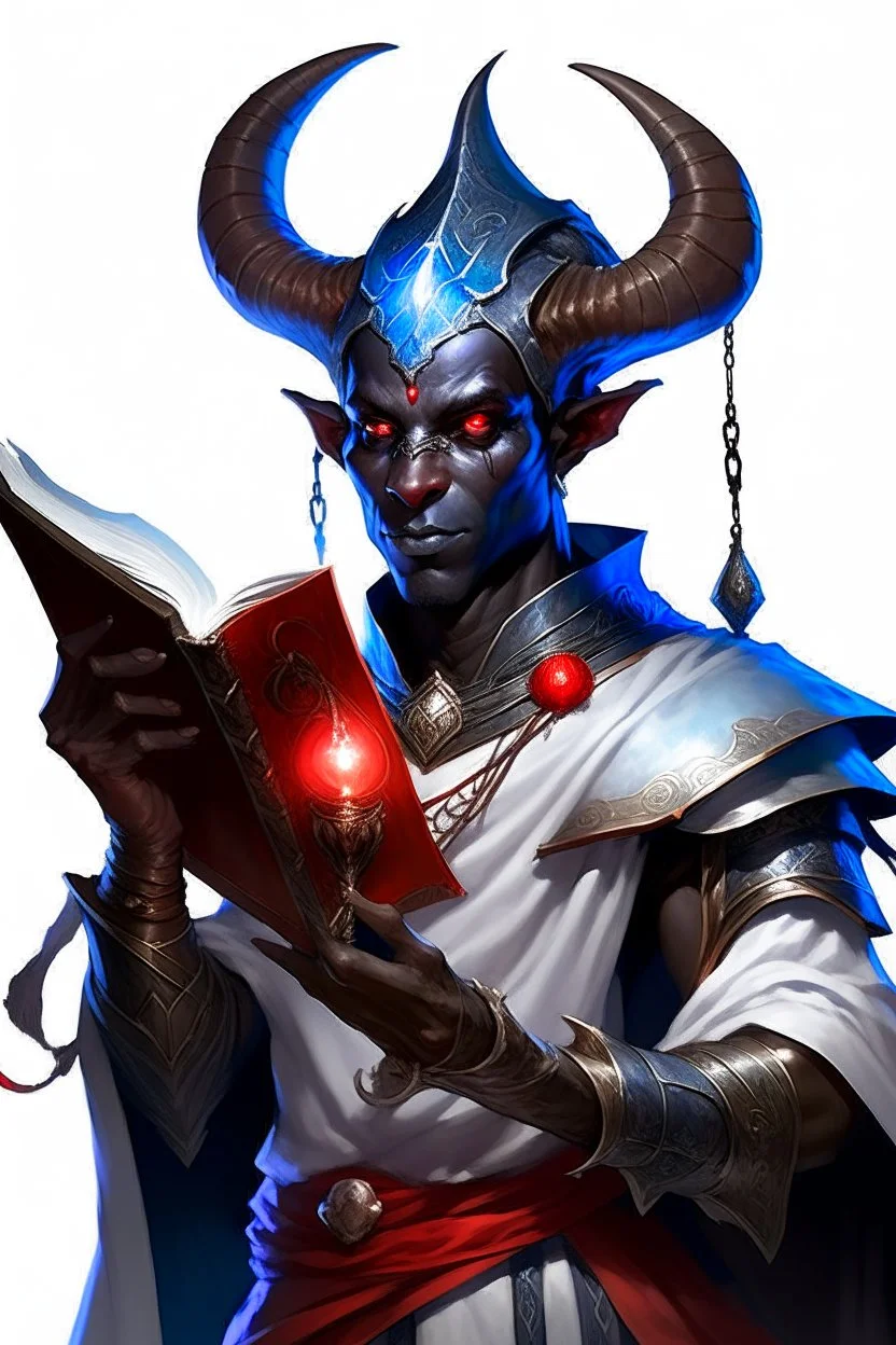 En Young male black skin tiefling fra dnd holding a book with Arcane Magic in a silver and White Rope. His horn a perfectly place on acet from the front to the back pointing upwards with glowing Red cat Eyes glowing Blue Arcane Magic around them