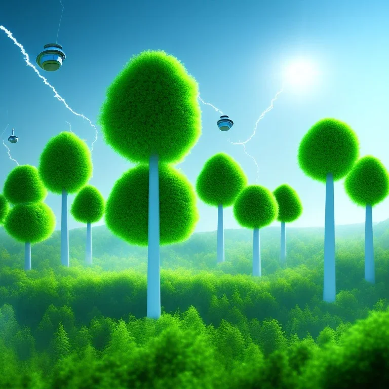 energy, power plant, technology, future, green trees, blue sky, people