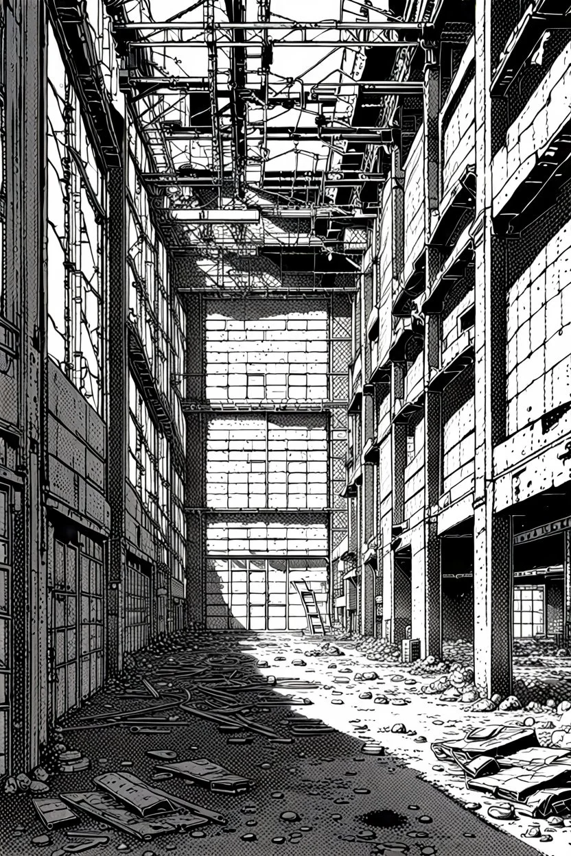 Abandoned industrial warehouses, line arts, manga style