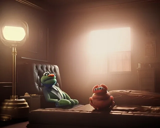 Room scene, muppet head with realistic body detective man, realistic photo, concept art, retro style, smooth, unreal engine 5, god lights, ray tracing, RTX, lumen lighting, ultra detail, volumetric lighting, 3d.