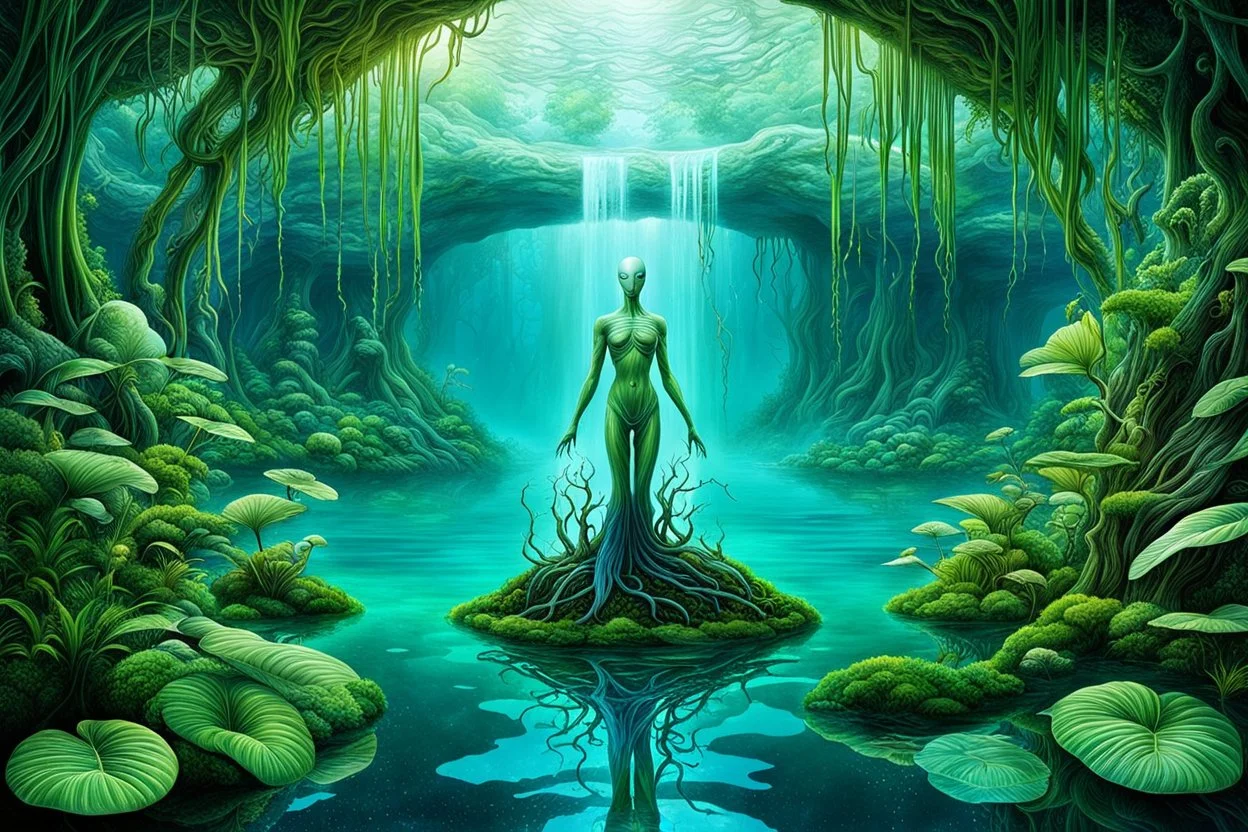 Ecological Art, plants, floating earths, long leaf tendrils, green colors and shades, blue-white waters, rivers, a full body beauty human-plants hermaphrodite mutant meditates in stunning alien flora , cinematic, mistic mood