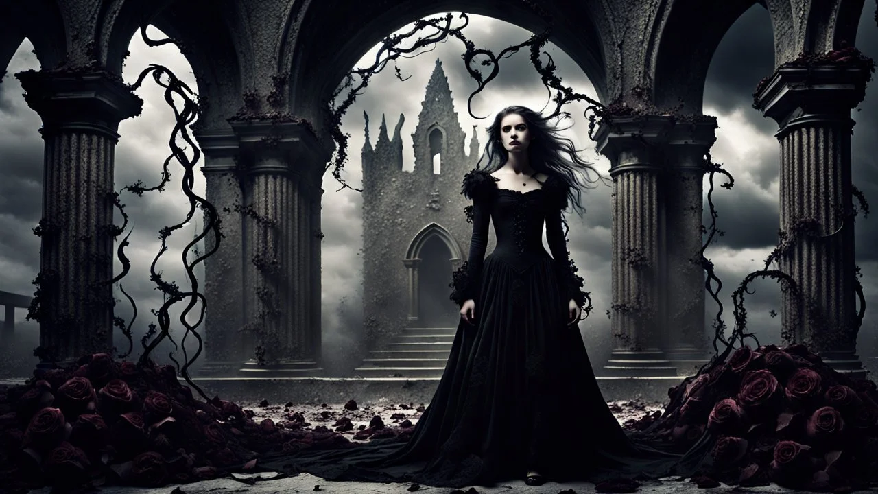 In a dramatic cinematic scene, a surreal goth young woman stands tall in the ruins of an ancient chapel, her hair a tumultuous array of black rose vines intertwined with realistic black velvet and lace rose petals. Her dark eyes pierce the gloom, capturing the essence of a storm brewing in the background. The scene is brought to life with a blend of black ink and weet ink, creating a cartoonish yet detailed and realistic portrait. The chapel is painted with a blurred paint effect, contributing t