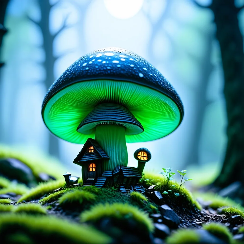 "Close up of a wonderful tiny Mushroom Tower home. green and blue with bright white, deep black and contrasting tones of gray. Illuminated bioluminescent forest. Professional painter, master at composition. small but detailed. broken, blurred background, voluminous lighting"