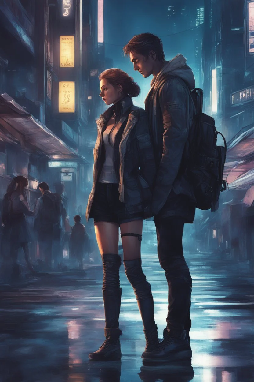 Science fiction, cyberpunk, city street, couple girl and guy, together, love at first sight, summer night, embrace