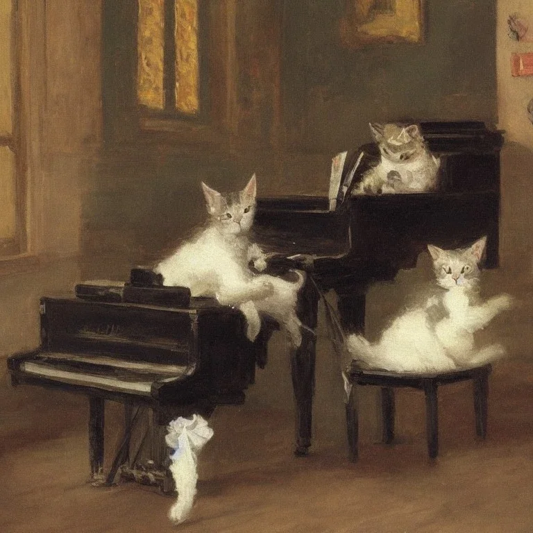 A cat in a historic dress is playing Piano. Background Music notes are dancing. Impressionism