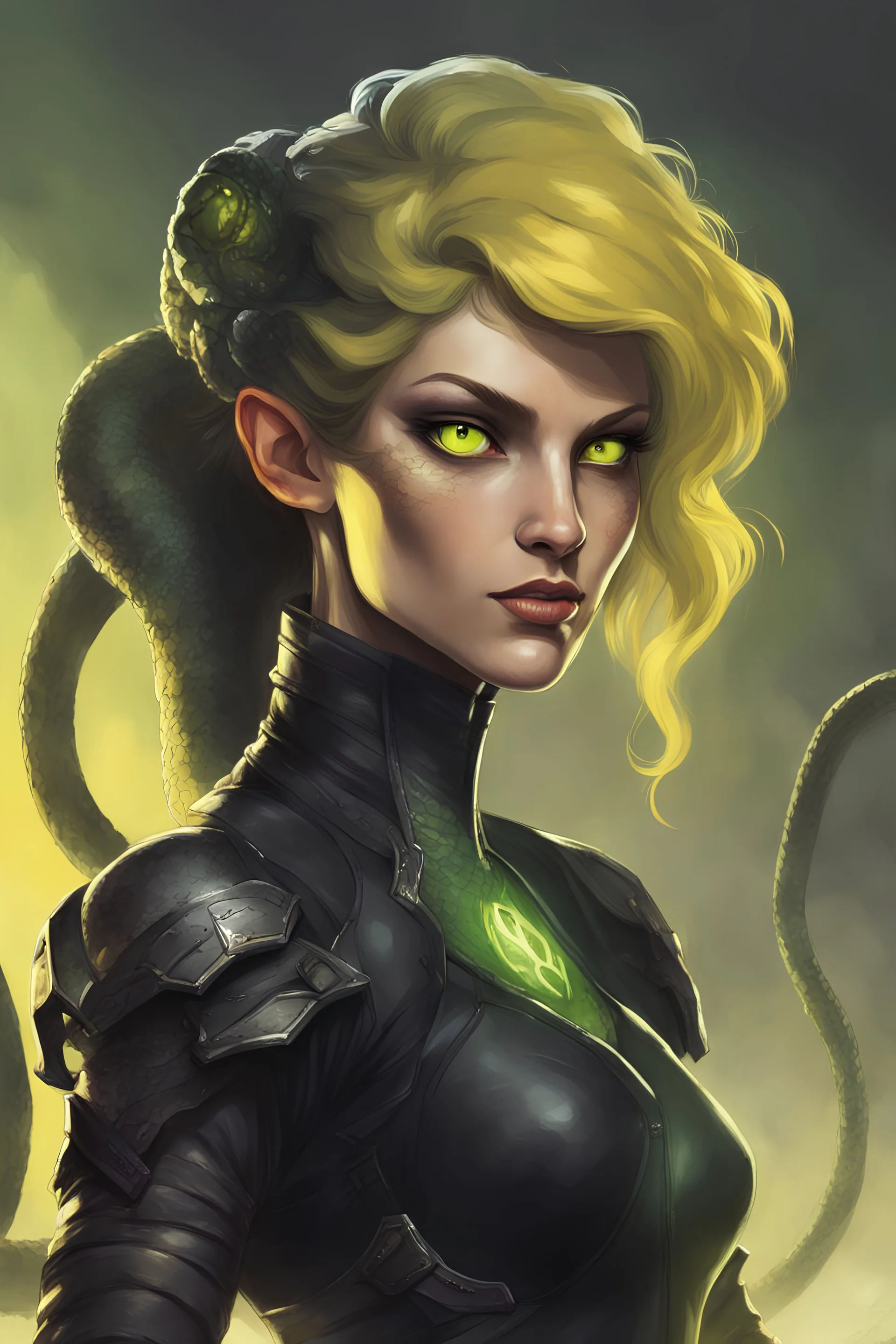 a female humanoid with the face of a snake, dungeons and dragons, wearing a black leather armor, green scales, yellow eyes