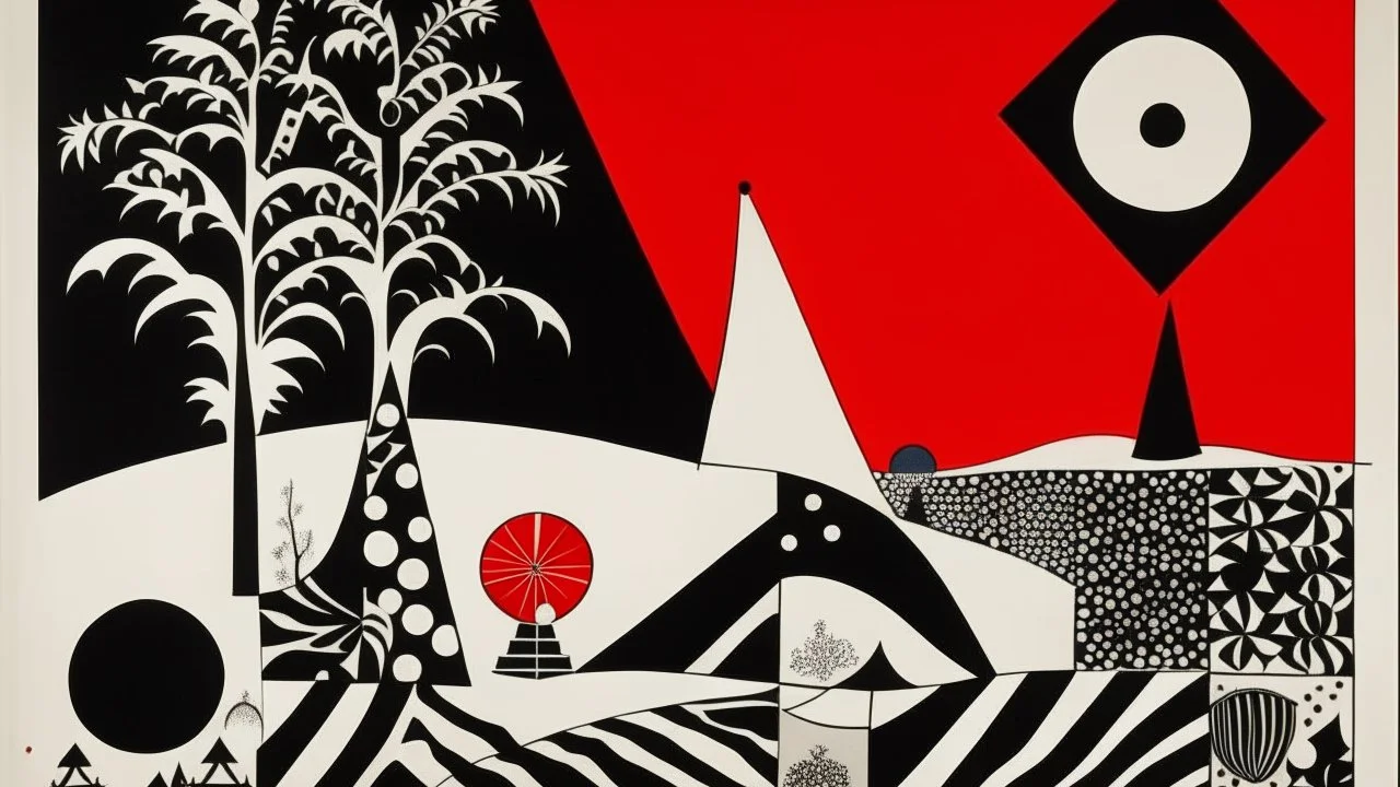 An abstract and geometric illustration by Malevich and Kuniyoshi of a black and white desert landscape with an anarchist red and back flag.