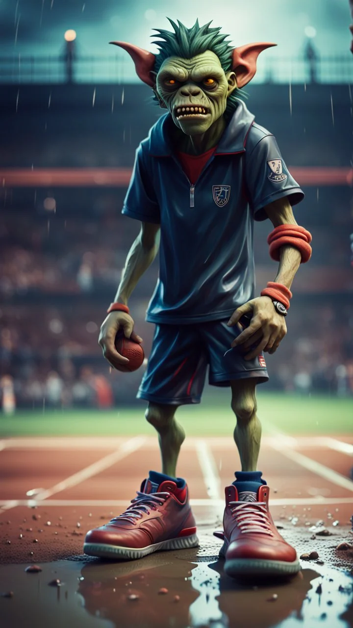 full figure portrait of a giant tennis player vampire werewolf goblin gremlin with soccer boots on wet soil in front of scary court, in the style of Gorillaz,bokeh like f/0.8, tilt-shift lens 8k, high detail, smooth render, down-light, unreal engine, prize winning