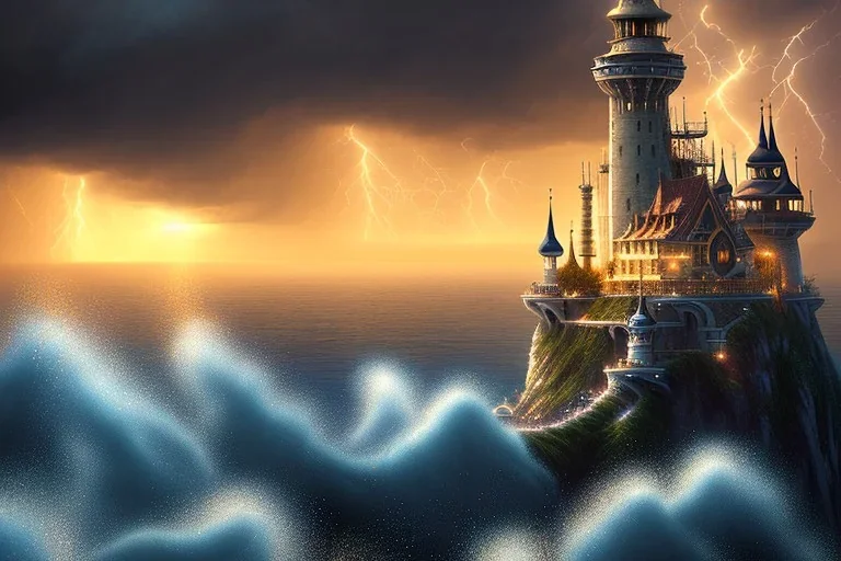 An illuminated city at top on a rough cliff at the stormy sea at sunset, 8k resolution, high-quality, fine-detail, intricate, fantasy art, detailed matte, volumetric lighting, illustration, 3D