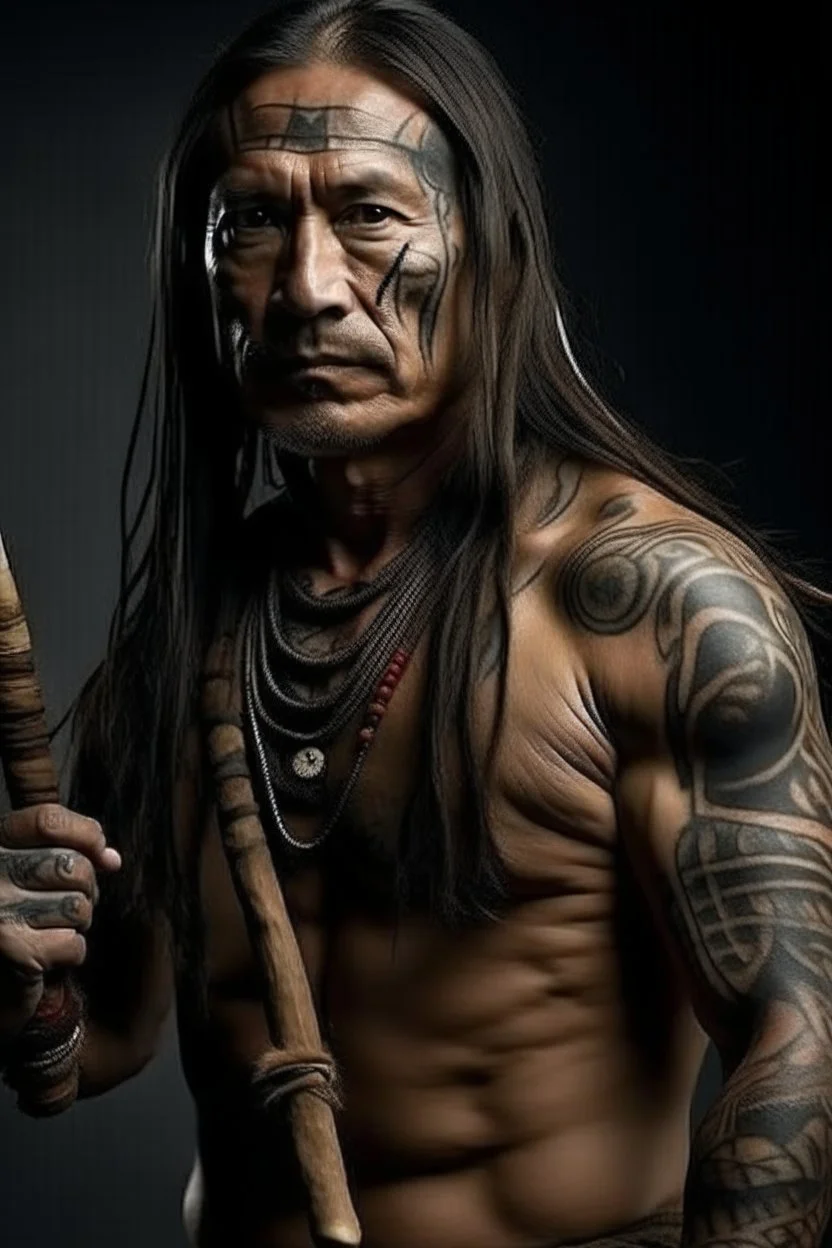 clean shaven middle aged long haired warrior with tribal tattoos and spear