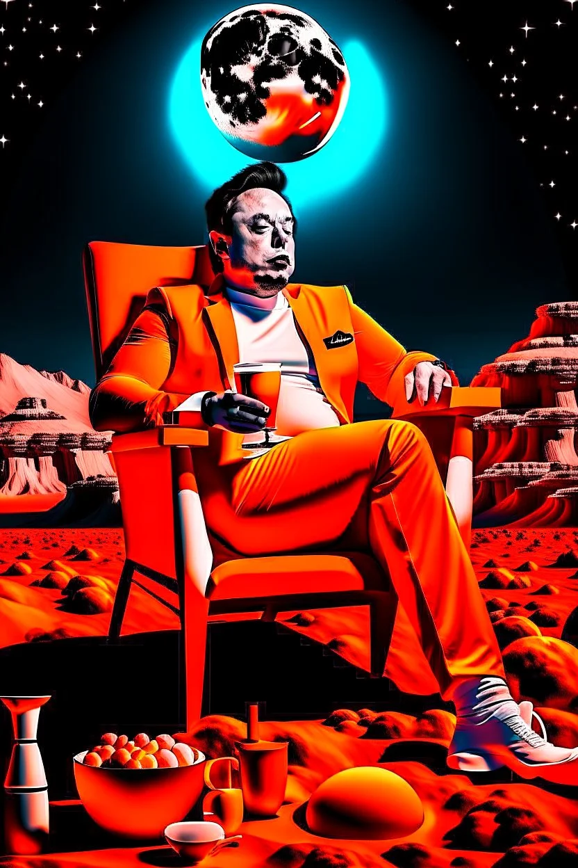 simple scene, Elon musk sitting on the moon on an orange couch eating popcorn, looking unamused at planet earth,. selective colours