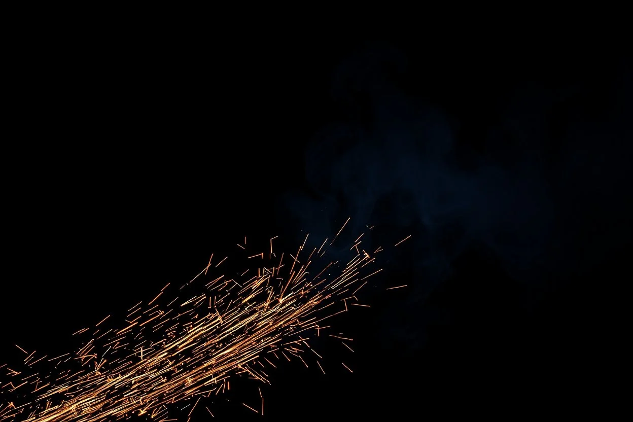 dark background. bottom right is a billowing smoke, electricity and a spray of metal sparks. energetic motion effect.