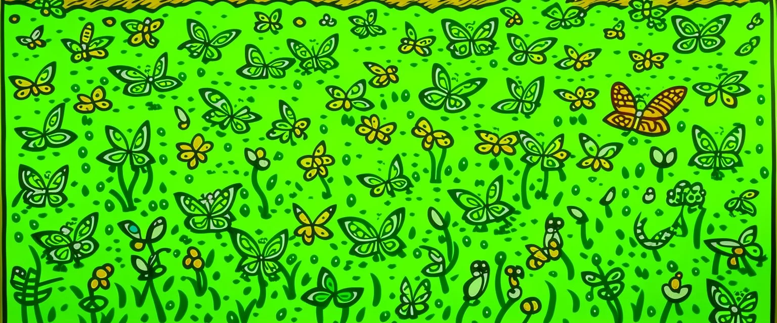 A lime green stinky field with butterflies painted by Keith Haring