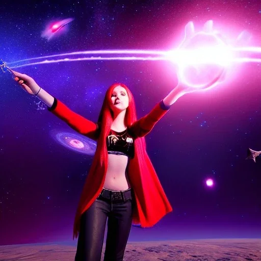 Pretty teenage girl with red hair who is dressed like a space witch casting a spell, girl has stars in her eyes, background is realistic space renditions, rendered, unity 3d, unreal engine, dslr, hdr, 4k, edited, photorealistic