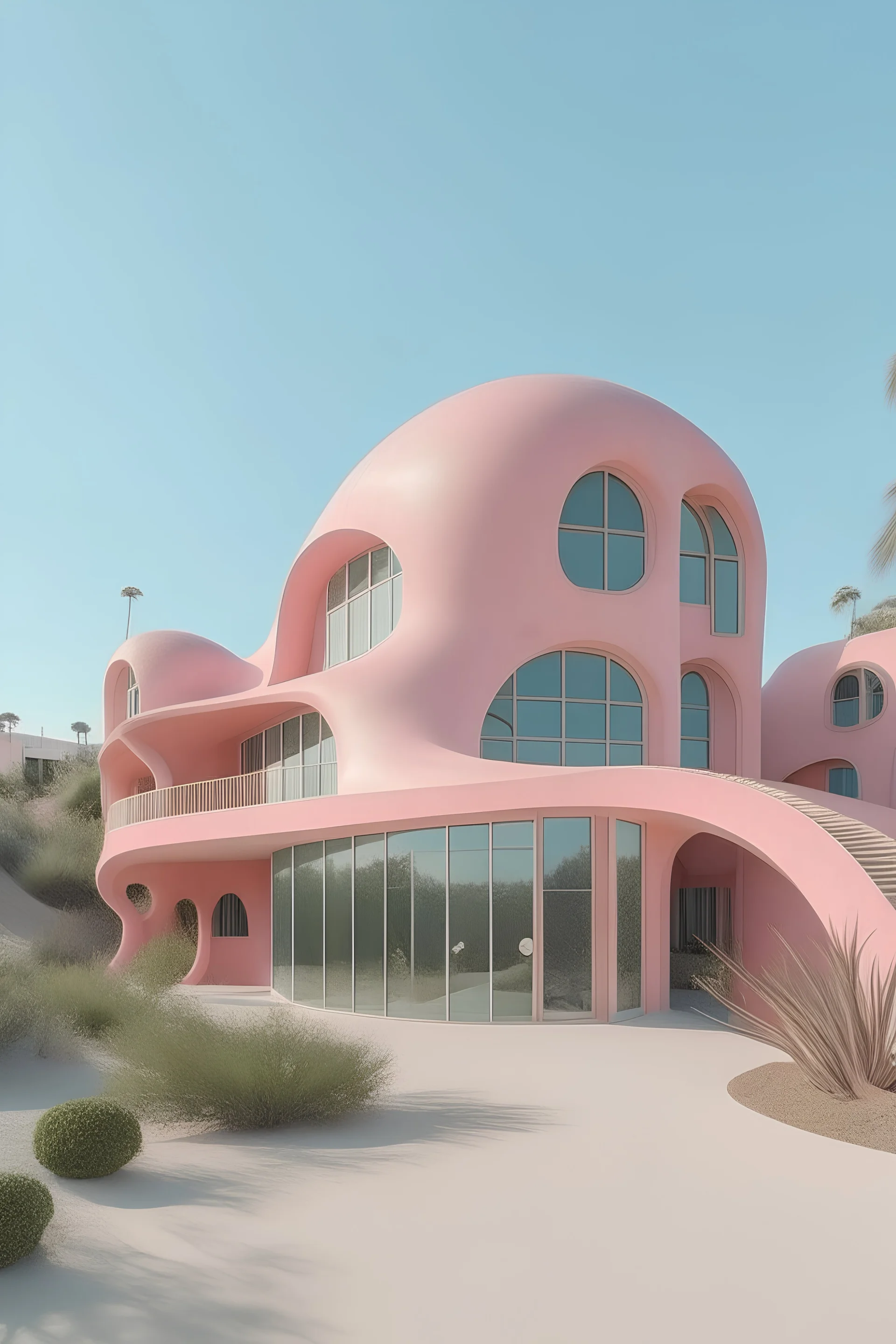 muestranos un edificio colores pastel sin muchas ventanas y liso, que tenga una forma ambigua y orgánica, que esté rodeaada de naturaleza y que tenga algunos aspectos de un pulpo, que inspire la calma que el mar de california da, y que inspire paz, y que sea color rosa pastel, que asemeje una concha marina