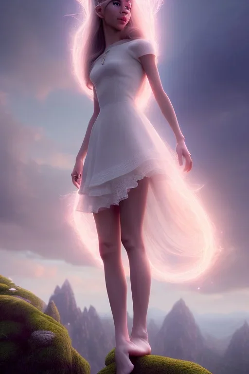 elven young woman, wearing light dress, happy expression, visible ultradetailed armonious cute femine face, visible ultradetailed legs feet hands and pointy ears, luminous weather, field in the mountains, ultra realistic, concept art, intricate details, highly detailed, photorealistic, octane render, 8 k, unreal engine, art by artgerm and greg rutkowski and charlie bowater and magali villeneuve and alphonse mucha