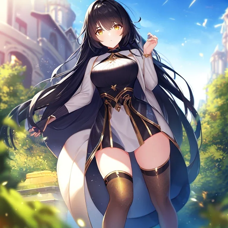 girl, masterpiece, best quality, volumetric lighting, detailed outfit, perfect eyes, black hair, golden eyes, long hair, thigh highs, outdoors,