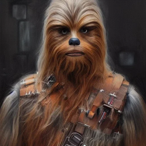 photorealistic and intricate portrait of chewbacca in star wars by Agnes Cecile, wearing beskar armor, deep dark colors, hyperdetailed, 32K, oil on canvas,