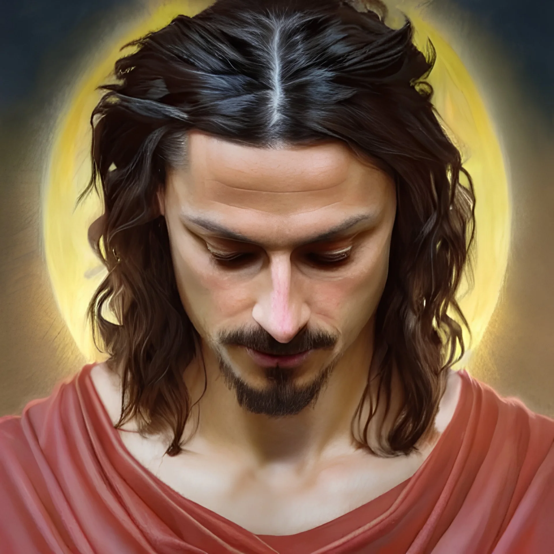 Zlatan Ibrahimović as Jesus Christ, one eyebrow, white robe, big eyes, 2d portrait, symmetrical, highly detailed, digital painting, artstation, concept art, smooth, sharp focus, illustration, cinematic lighting, art by artgerm and greg rutkowski and alphonse mucha