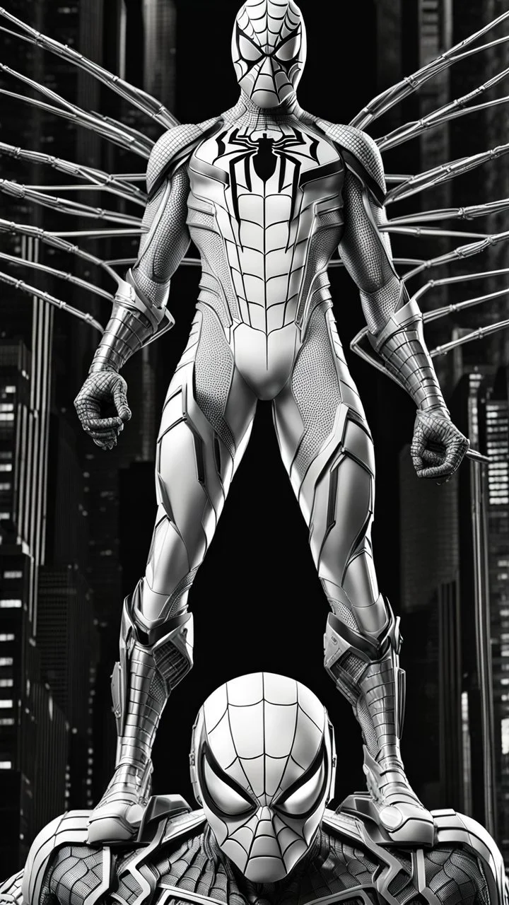 Arte lineal Spiderman cyborg de pie, full body calidad ultra, hiperdetallado, maximalista, color blanco, increíble obra de arte piernas completas pies completos