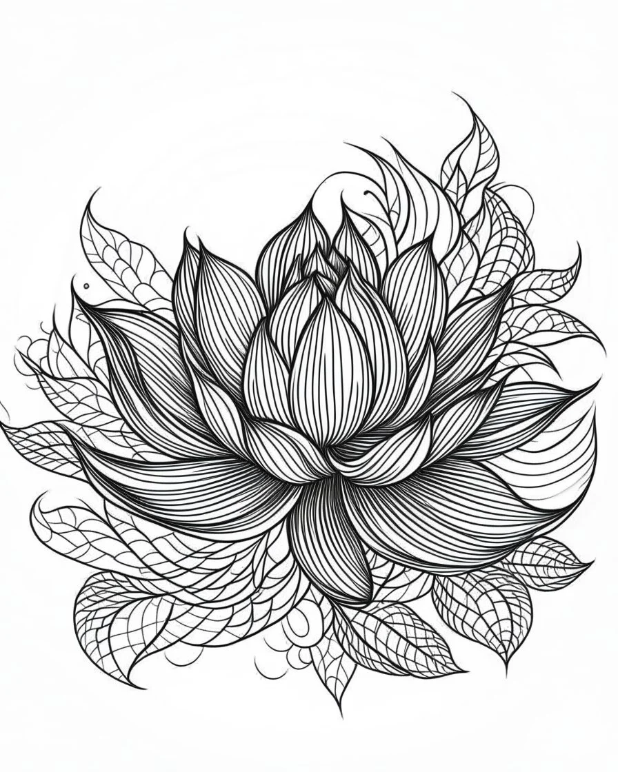 realistic lotus flower idea, line art, background, vector, svg, black outline on white background, leave plenty of white space beetween lines for coloring, tattoo style, tattoo idea,full body, minimalist