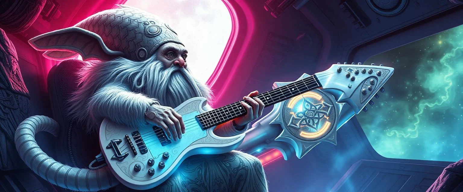 fluffy as hell illithid high priest gremlin squid guitar acoustic banger, instrumental, celtic, georgian, gypsy jazz, back on track portrait of space captain gnome lich, , priest psycho, in cockpit, celtic knot hollow tube transparent core ornate indented space ship, shiny bright mega ship flourescent white blue like bubble gum with a few big windows and decks, interdimensional twister, rock against colored spaced fog, space interior. split tail, winged serpent, glowing aura