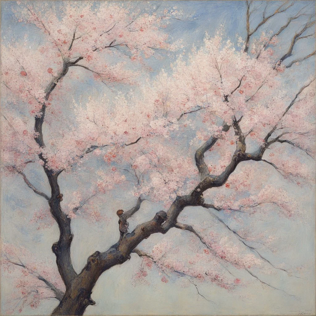 [art by Kupka] The cherry blossom branches would be depicted with thin and graceful lines, capturing their natural flow and organic structure. The branches may have a slightly wavy or curved appearance, giving them a more realistic and dynamic feel.Buds can be included alongside the fully bloomed flowers, showcasing the different stages of the cherry blossom's life cycle. These buds can be depicted as small, rounded shapes, often positioned close to the main flower or scattered along the branche