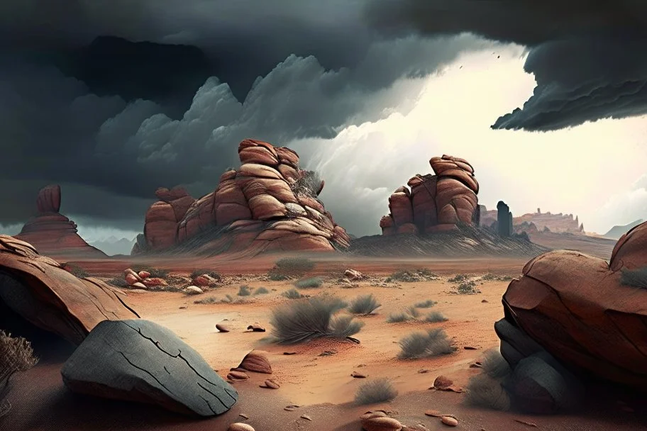 Cloudy day, rocks, arid land, epic