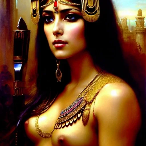 portrait beautiful face Cleopatra ,busty,ancient metal armor balanciaga fashion clothe painting by gaston bussiere, greg rutkowski, yoji shinkawa, yoshitaka amano, tsutomu nihei, donato giancola, tim hildebrandt, oil on canvas, cinematic composition, extreme detail,fit full head inside picture