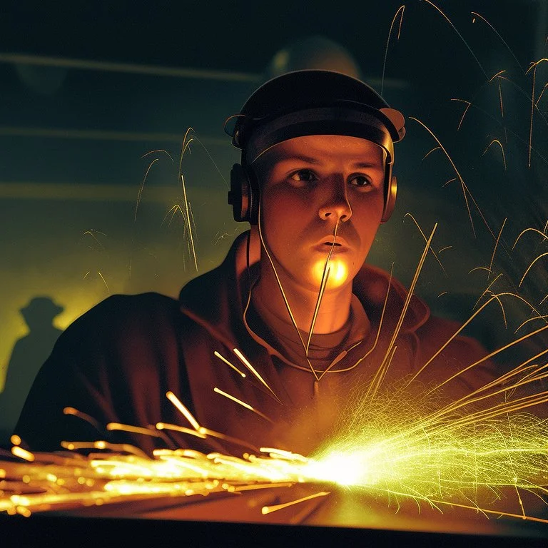 Imagen fotorrealista de un trabajador de fábrica en España, rodeados de chispas que salen de las máquinas, dramáticamente iluminadas por el resplandor ardiente de las chispas. La atmósfera es intensa pero laboriosa, con sombras proyectadas por la luz tenue que agregan profundidad. Los detalles clave incluyen las expresiones dinámicas en los rostros de los trabajadores, que reflejan concentración y determinación, dentro de un fondo industrial bullicioso, que muestra maquinaria y herramientas. La