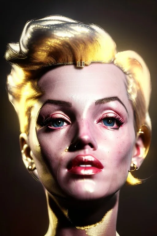 Ultra Realistic image, portrait, blonde woman, sweet Marylin Monroe face, perfect iris, glow eyes, gold makeup, wires attached to head. Steampunk style, latex coat, fog, rain, soft color, highly detailed, unreal engine 5, ray tracing, RTX, lumen lighting, ultra detail, volumetric lighting, 3d, finely drawn, high definition, high resolution.