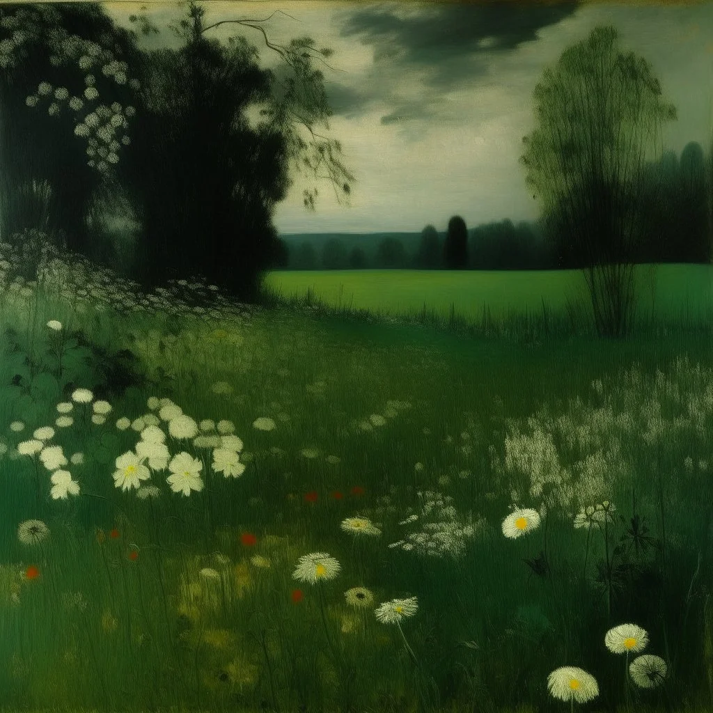A dark green meadow with viny flowers painted by Edgar Degas